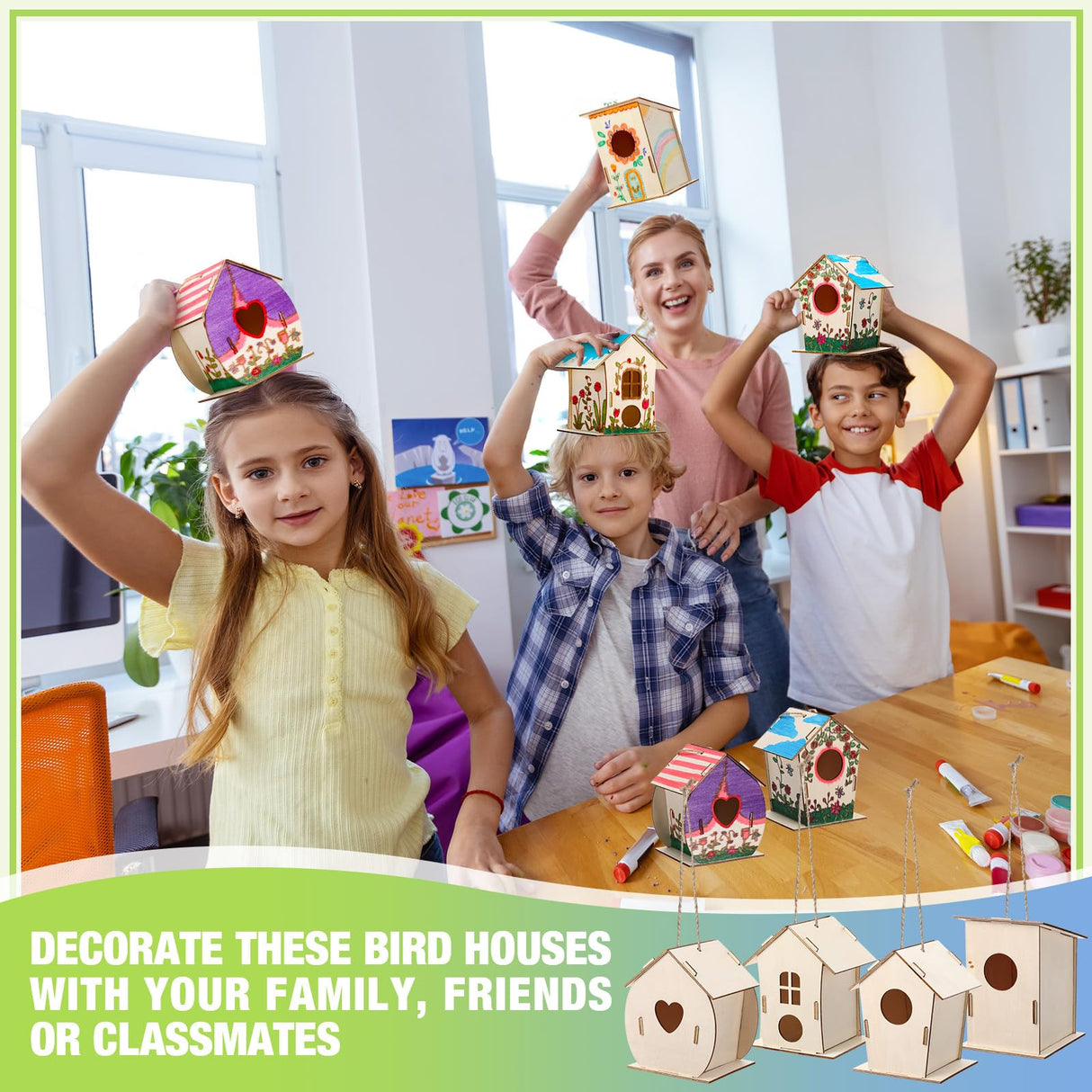 DoubleFill 12 Pcs Bulk Wooden Bird Houses Kits for Kids DIY Crafts and Arts Unfinished Wood Birdhouse to Paint Birthday Gifts for Girls Boys Crafts Class Parties, 4 Styles DoubleFill