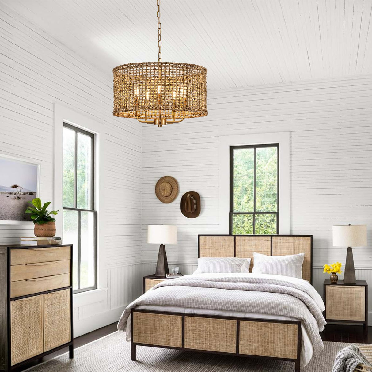 YOMECOO Hand-Woven Rattan Chandelier Vintage Farmhouse Boho Bamboo Light Fixture Mini Retro 5-Lights Drum Wicker Rattan Chandelier for Dining Room, Kitchen, Living Room YOMECOO