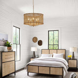 YOMECOO Hand-Woven Rattan Chandelier Vintage Farmhouse Boho Bamboo Light Fixture Mini Retro 5-Lights Drum Wicker Rattan Chandelier for Dining Room, Kitchen, Living Room YOMECOO