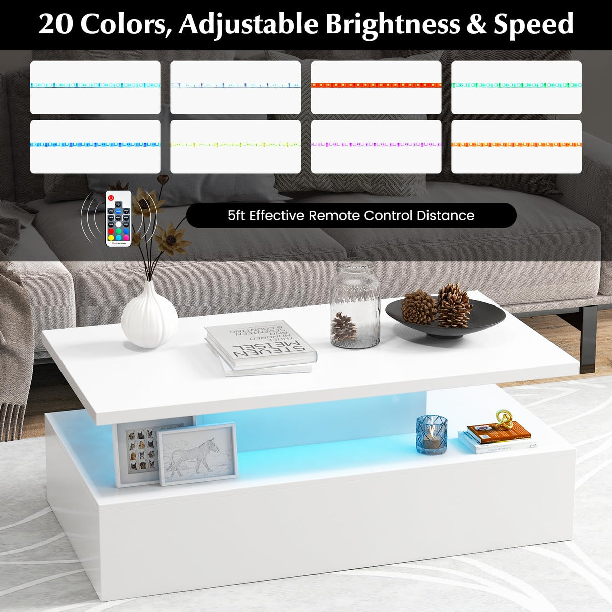 Giantex Modern LED Coffee Table - 2-Tier High Gloss Table w/Adjustable 20-Color Light, 8-Level Brightness & Speed, Remote Control, Contemporary 43.5”L Rectangular Center Table for Living Room (White) Giantex