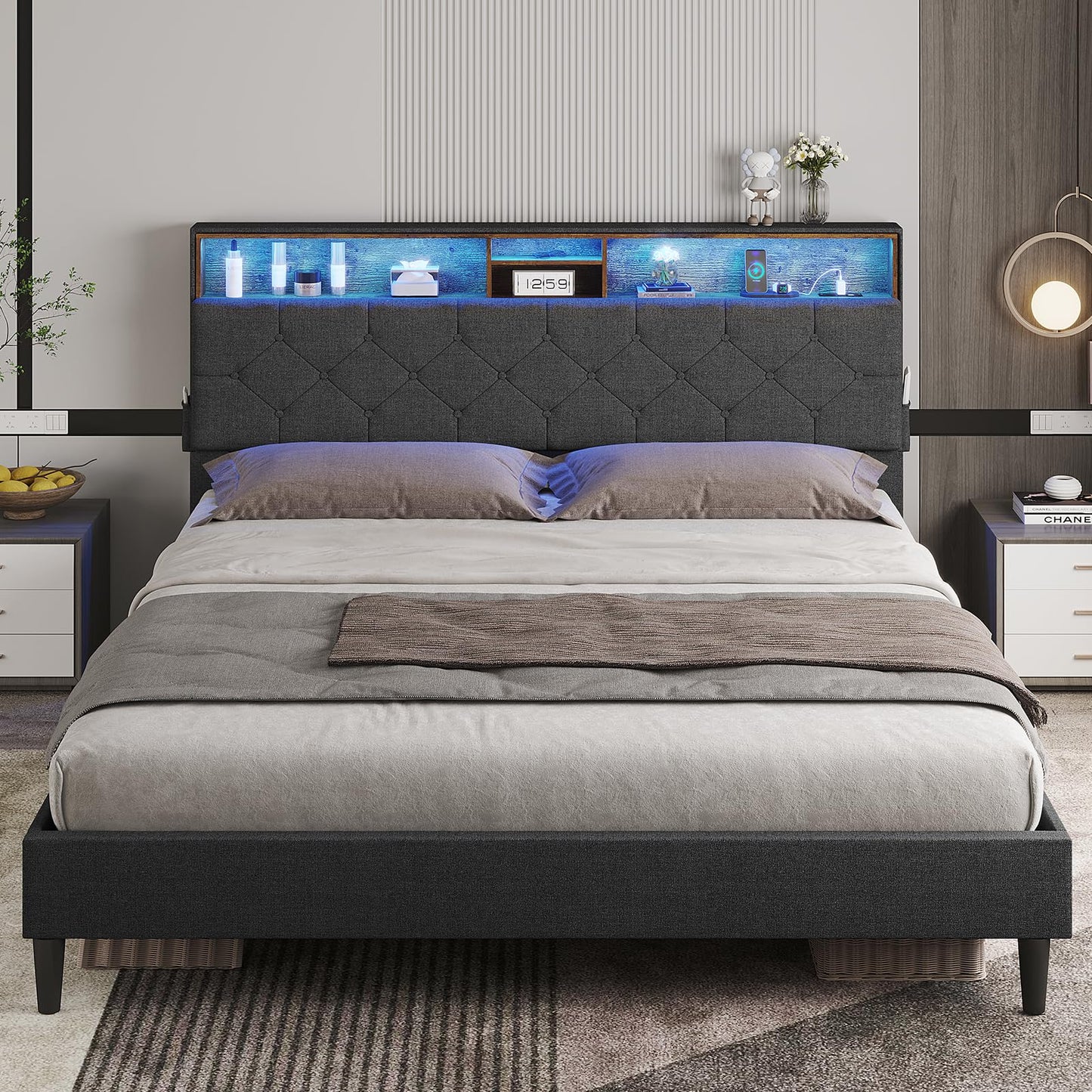 ADORNEVE LED Bed Frame Full Size with Storage Headboard, Platform Bed Frame with Outlets and USB Ports, Upholstered Bed with LED Lights & Storage, Diamond Stitched Button Tufted Design, Dark Grey