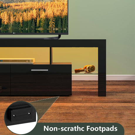 Clikuutory Modern LED 63 inch Long TV Stand with Large Storage Drawer for 50 55 60 65 70 75 Inch TVs, Black Wood TV Console with High Glossy Entertainment Center for Living Room, Bedroom, Black Clikuutory
