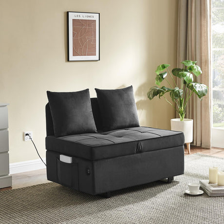 Convertible Sofa Bed 4-in-1 Velvet Sleeper Sofa Chair Bed Pull Out Futon Couch Bed with USB Ports 5 Adjustable Backrest and Pillow Fold Out Ottoman Bed for Adults Small Spaces Living Room, Dark Grey FiveWillowise