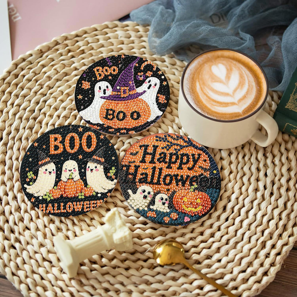 8 Pcs Diamond Paintings Coasters Kits with Holder, DIY Halloween Coaster Diamond Art Kits,Full Drill Rhinestone Painting Kits for Adults, DIY Drink Coasters Art Crafts Supplies for Home Decor House mjcakrn