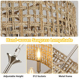 LynPon 17.7" Brushed Nickel Boho Rattan Chandeliers for Dining Room, 6-Light Seagrass Pendant Light Fixtures with Hand Woven Wicker Shade, Farmhouse Drum Chandelier for Living Room Kitchen Hallway LynPon