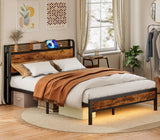 Furnulem Industrial Full Bed Frame with LED Lights & USB Charging Station Furnulem