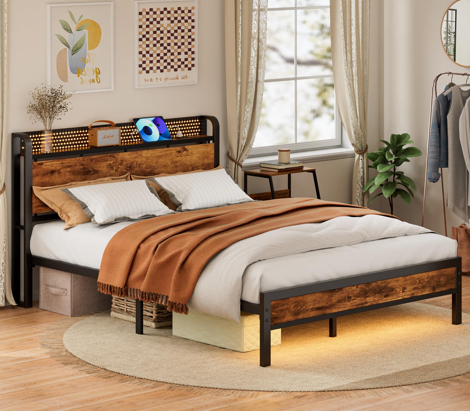 Furnulem Industrial Full Bed Frame with LED Lights & USB Charging Station - WoodArtSupply