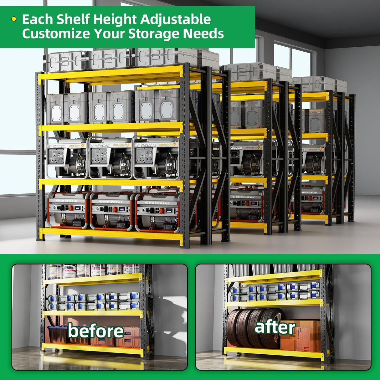 Qxdyt 3000LBS Heavy Duty Storage Shelves,78''H Metal Garage Shelving, 4-Tier Adjustable Garage Organization Shelving Units, Industrial Shelving for Warehouse,Workshop- Black & Yellow Qxdyt