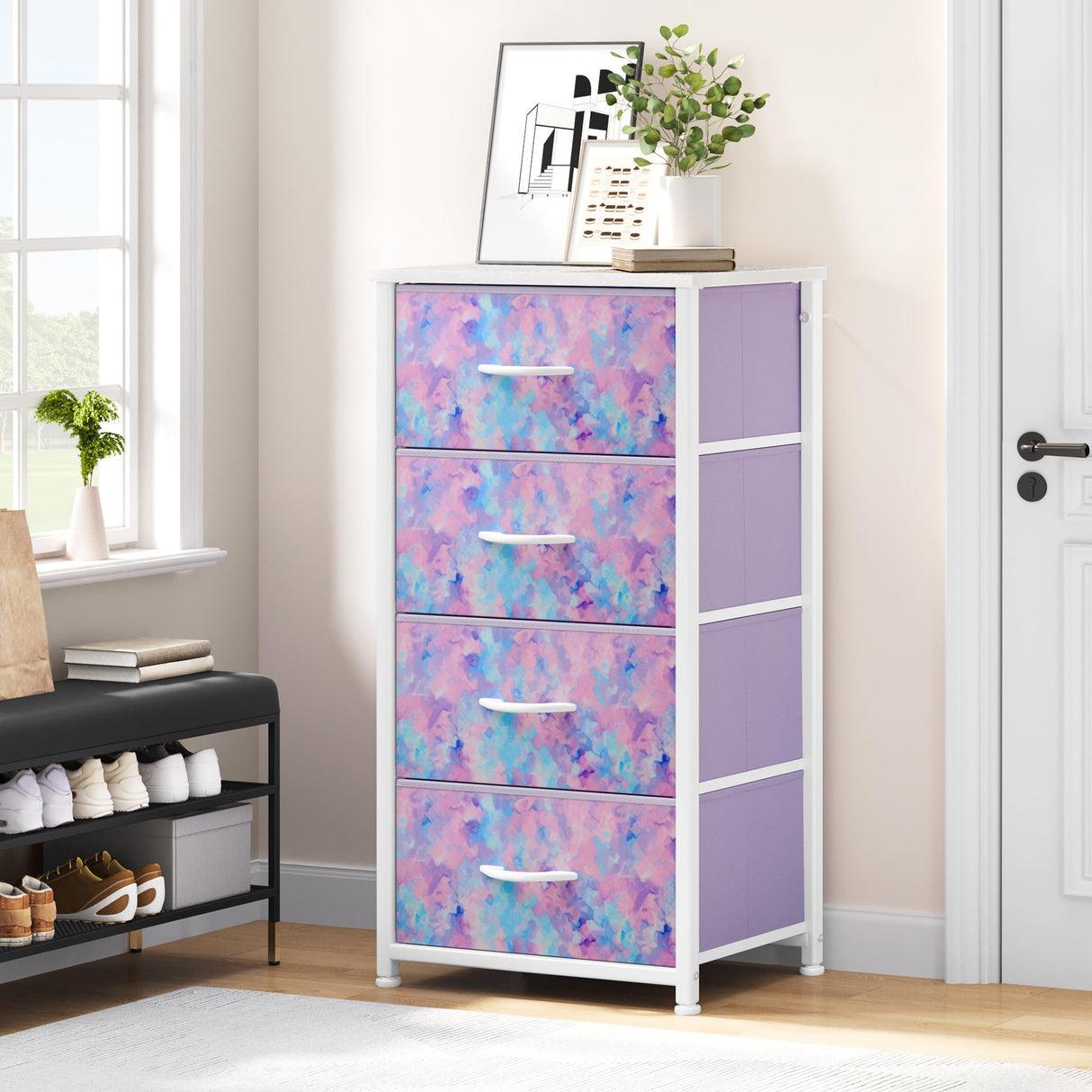 DWVO Dresser with 4 Drawers - Storage Tower Unit, Dresser for Bedroom, Living Room, Closets - Sturdy Steel Frame, Wooden Top & Easy Pull Fabric Bins, Purple DWVO