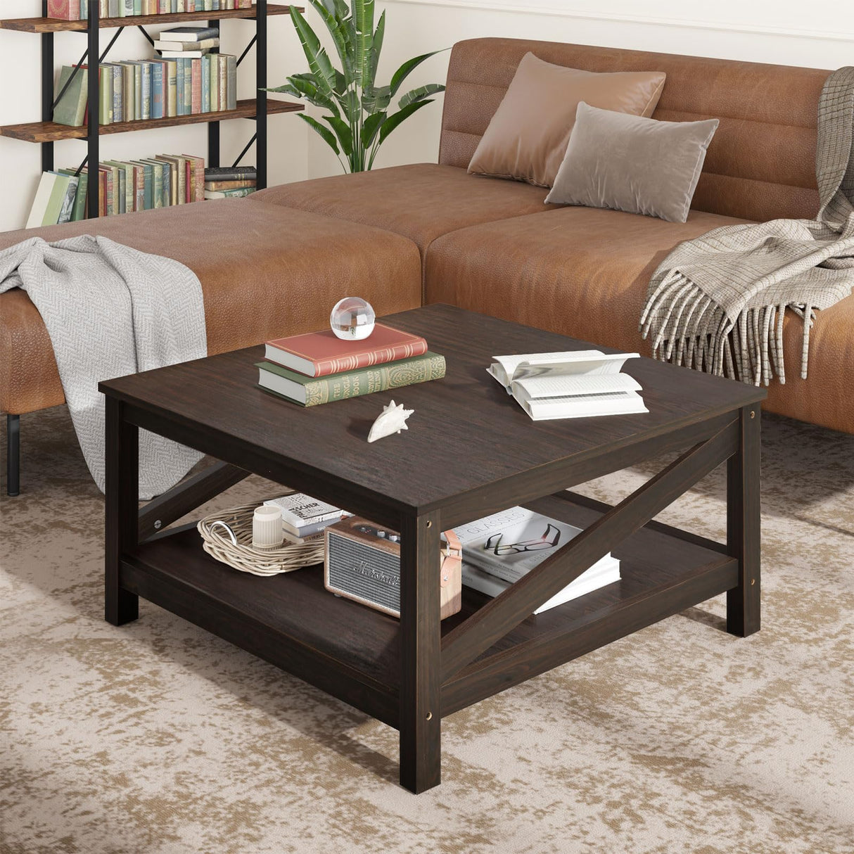 DWVO Coffee Tables with Storage, Farmhouse Coffee Table for Living Room, Square Coffee Table 2-Tier Center Table with Open Storage Shelf, Wood Small Cocktail Table, Espresso DWVO