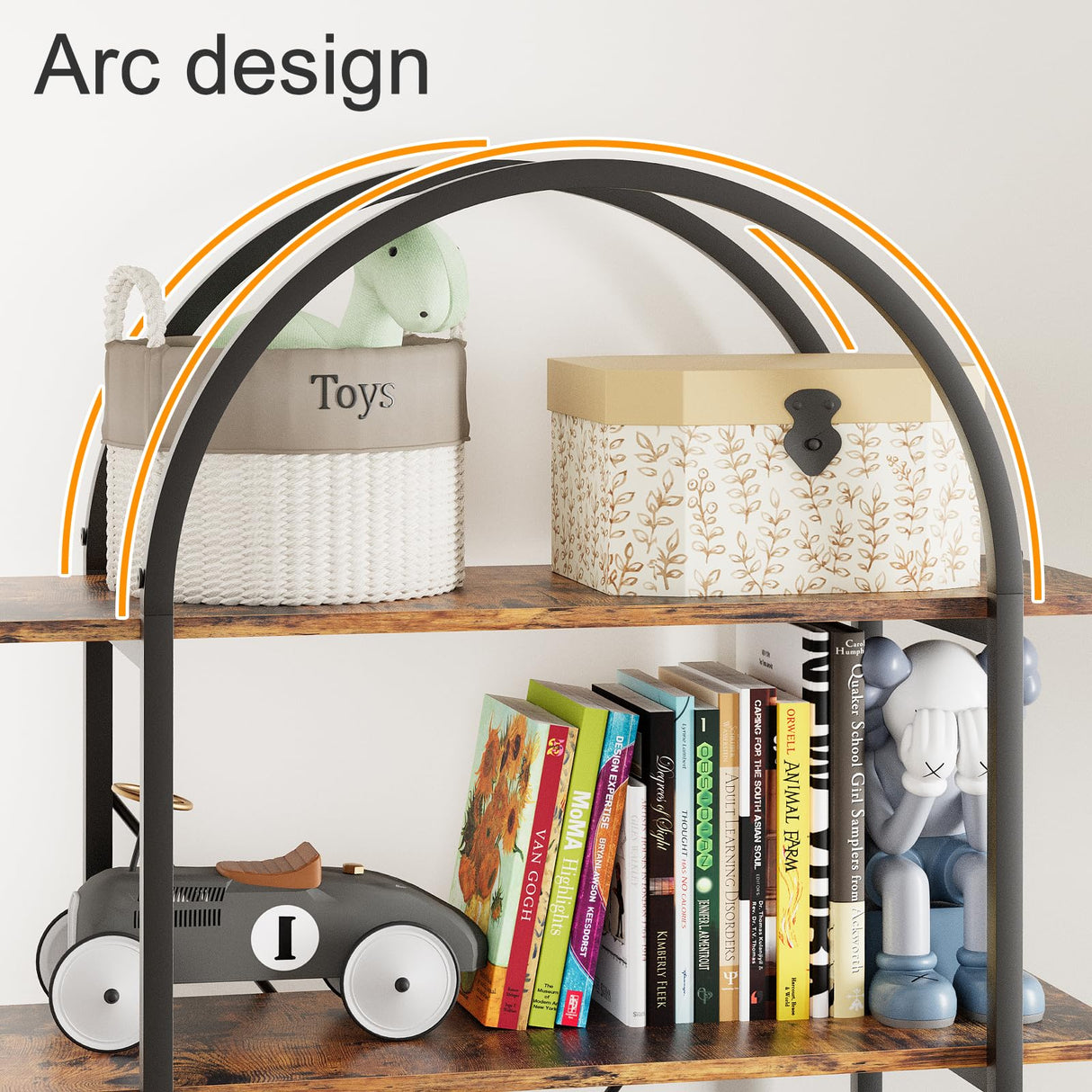 Arbuxzuy Arched Bookshelf 5 Tier Book Shelf, 31.5 Inch Width Industrial Arch Bookcase, Curved Tall Bookshelf with Open Shelves for Home Office, Living Room, Bedroom, Rustic Brown Arbuxzuy