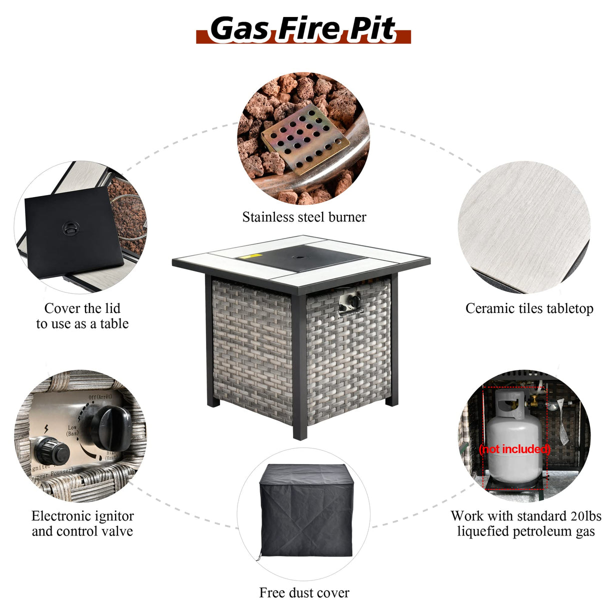 HOOOWOOO 10 Piece Modular Patio Outdoor Sectional Furniture Set with Gas Propane Fire Pit Table,Wicker Conversation Sofa Set with Swivel Chairs,Outside Couch Set(Orange Red) HOOOWOOO