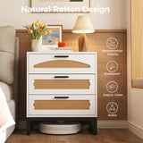 Mericonia 3 Drawer Rattan Dresser for Bedroom, Wood Dresser for Closet with Metal Handles, Small Boho Nightstand Sets, Dressers & Chests of Drawers for Bedroom, Hallway and Entryway, White Mericonia