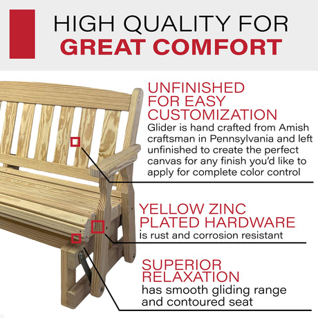 Amish Casual Heavy Duty 800 Lb Mission Pressure Treated Porch Glider (4 Foot, Unfinished) Amish Casual