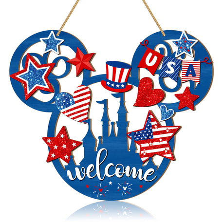 4th of July Door Sign Mouse Shaped Decorations, Patriotic Stars USA Wooden Signs, American Flag Welcome Hollow Out Wood Hanging Sign for Front Door Decor, Independence Day Party Home Wall Decor Sionoiur