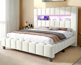 Jocisland King Bed Frame with 51.2" Tall Headboard, LED Lights & Charging Station, Velvet Upholstered Platform, No Box Spring Required, Cream Jocisland