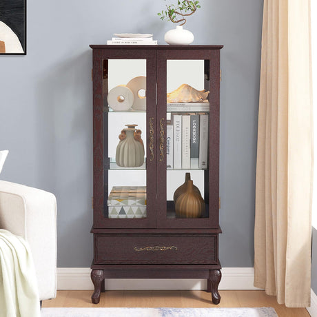 CQSXDA Vintage Lighted Curio Storage Cabinet with 1 Drawer, Mirrored Back & Tempered Glass Doors, 3 Tier Storage Display Cabinet Adjustable Shelves Home Office Showcase,Brown CQSXDA