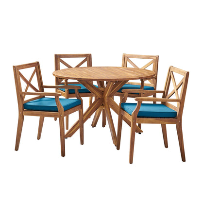 Christopher Knight Home Jordan Outdoor 5 Piece Acacia Wood Dining Set, Teak Finish/Blue - WoodArtSupply