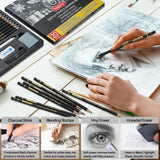 PANDAFLY 20-Piece Professional Sketch Pencil Set - Includes 4H to 14B Graphite Pencils, Charcoal Sticks, Vinyl Eraser, Kneaded Eraser, Sharpener, Blending Stump - Ideal for Artists and Beginners PANDAFLY