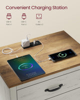 VASAGLE LIRY Collection - Farmhouse Nightstand with Charging Station, Bedside Table, Side End Table with 3 Drawers, for Bedroom, Rustic White and Honey Brown ULET679W01 VASAGLE