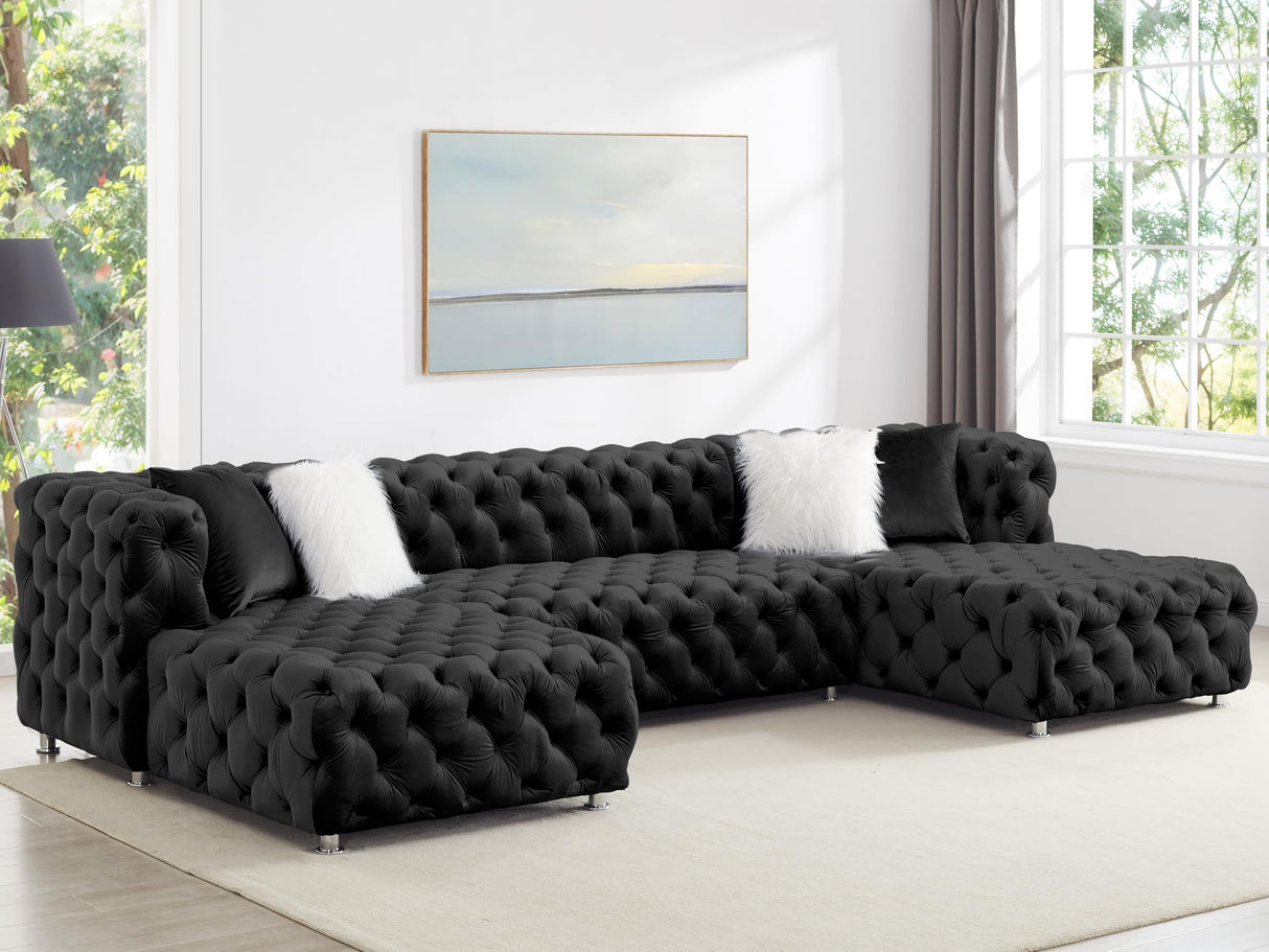 THSUPER 145'' Luxury Velvet Upholstered Chesterfield Oversized U Shaped Sectional Sofa Couch for Living Room, Couches with Button Tufted Design and Comfortable Seating and 4 Pillows. Black THSUPER