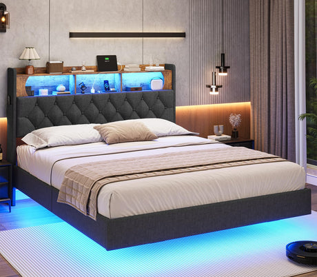 Floating Queen Bed Frame with RGB LED Headboard, USB Ports & Storage - ADORNEVE Dark Gray Upholstered Platform ADORNEVE