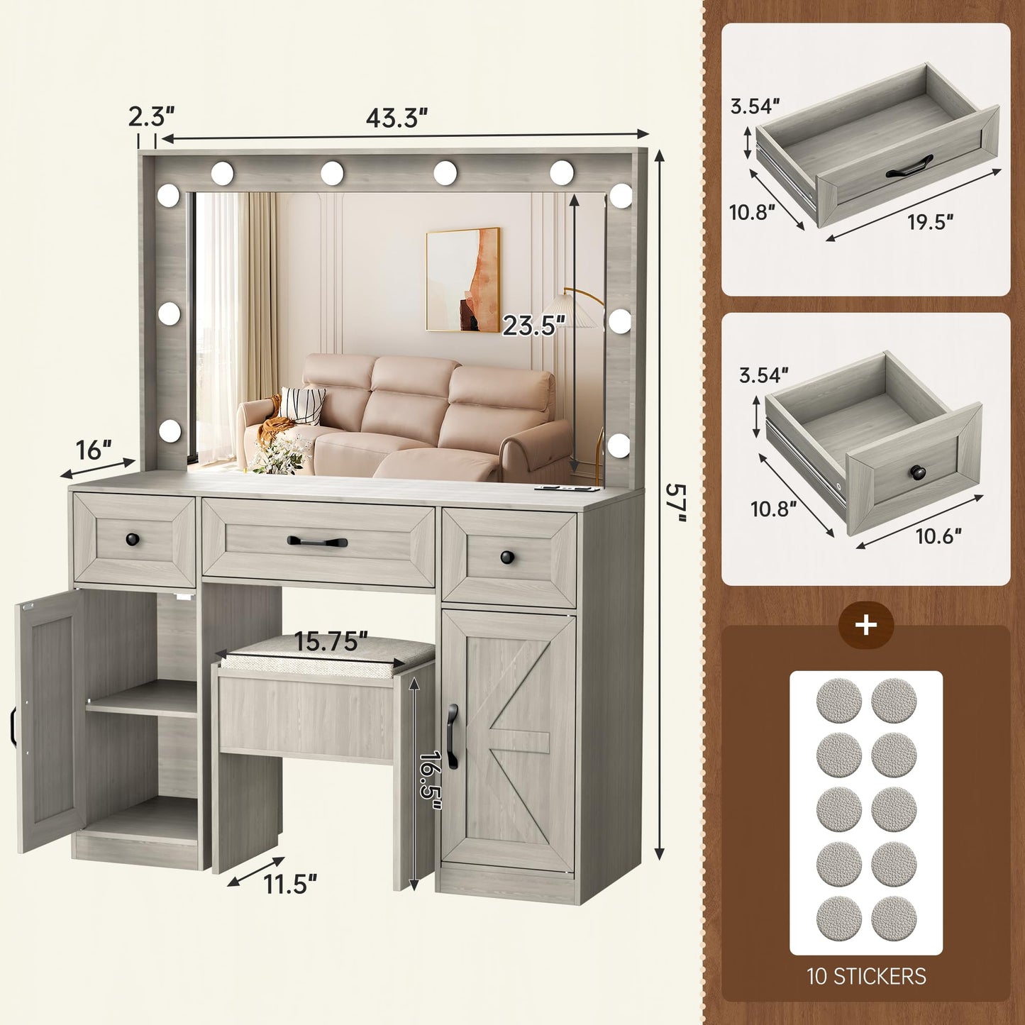 INTERGREAT 57" Makeup Vanity Desk with Large Mirror and 10 LED Lights,Farmhouse Vanity Table with Power Outlet & 5 Drawers,3 Lighting Color Adjustable,Dressing Table for Bedroom,Dressing Room - WoodArtSupply