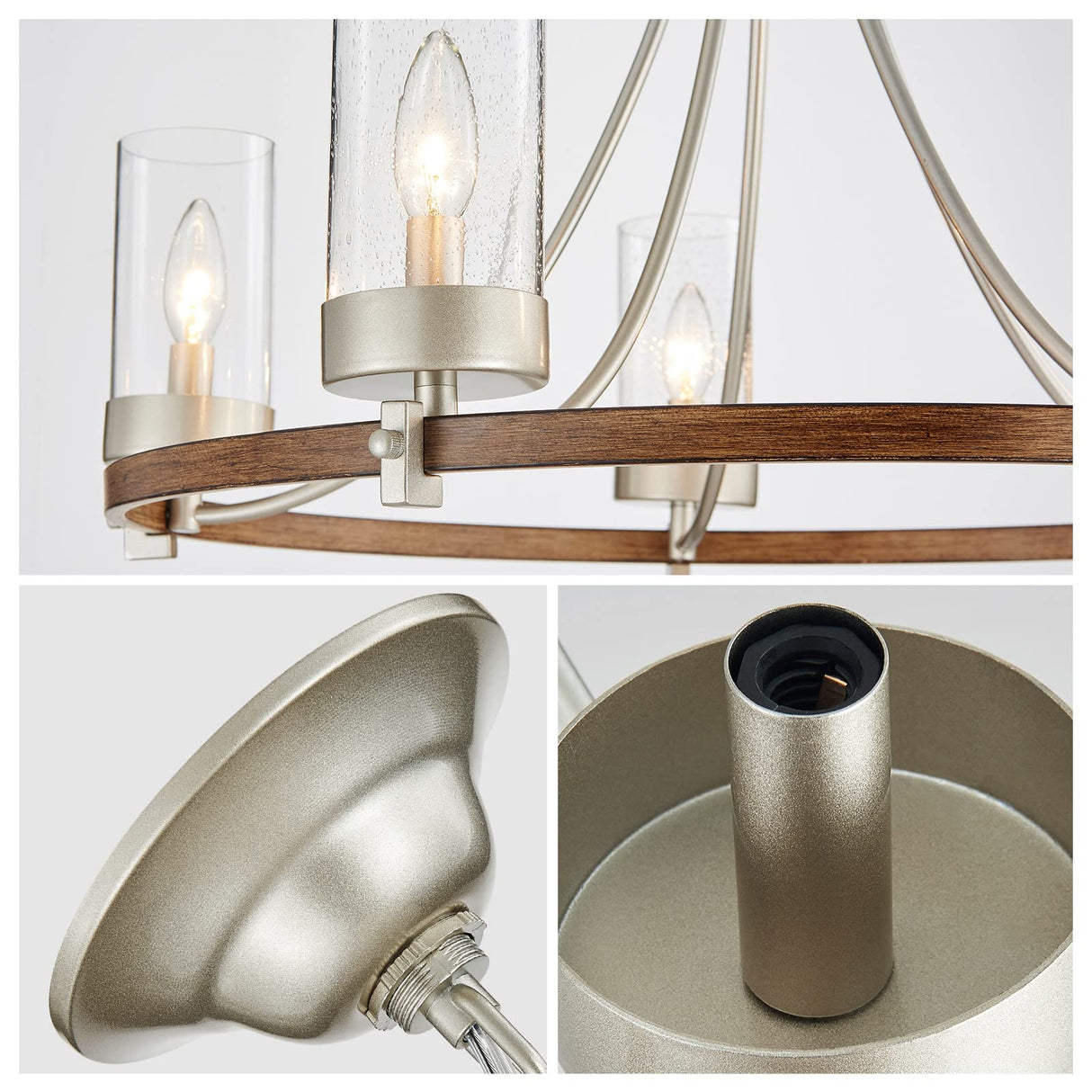 WUZUPS 5-Light Wagon Wheel Chandelier Rustic Farmhouse Industrial Round Pendant Light Fixture with Clear Seeded Glass Shades for Dining Room Kitchen Island, Imitation Wood Grain Nickel WUZUPS