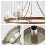 WUZUPS 5-Light Wagon Wheel Chandelier Rustic Farmhouse Industrial Round Pendant Light Fixture with Clear Seeded Glass Shades for Dining Room Kitchen Island, Imitation Wood Grain Nickel WUZUPS