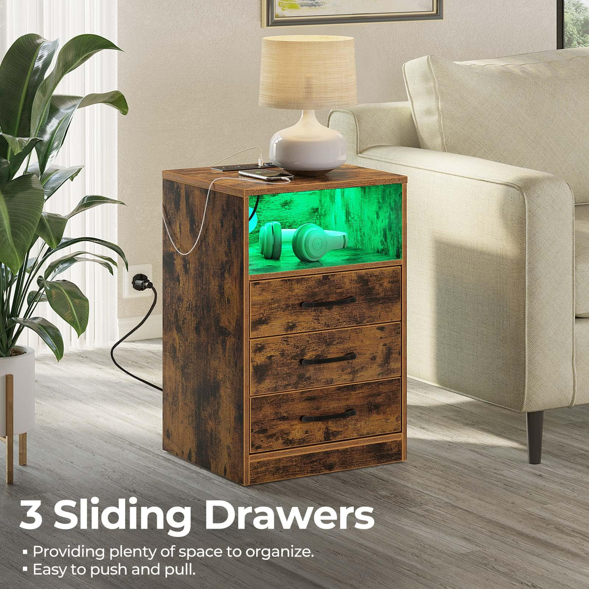 Seventable Nightstand with Wireless Charging Station and LED Lights, Rustic End Side Table with 3 Drawers and Open Compartment for Bedroom, Rustic Brown Seventable
