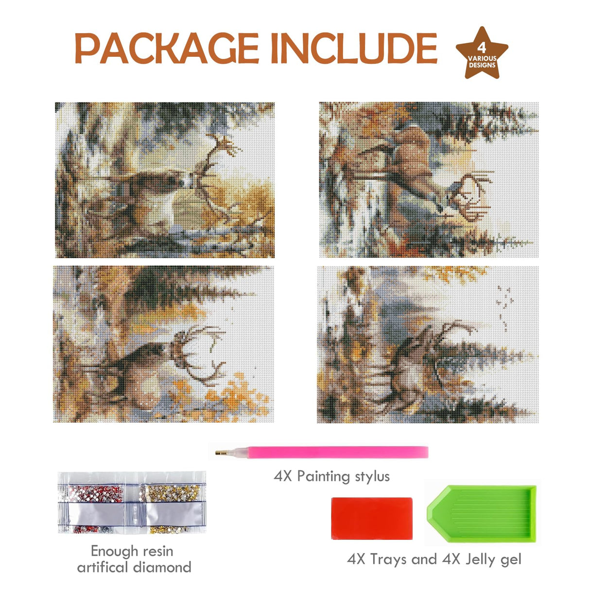Deer Diamond Art Kits for Adults - 4 Pcs DIY Forest Animal Diamond Painting Set Elk 5D Full Drill Gem Art Craft for Beginners Home Wall Decor 9.84 x 13.7 Inches INCOK