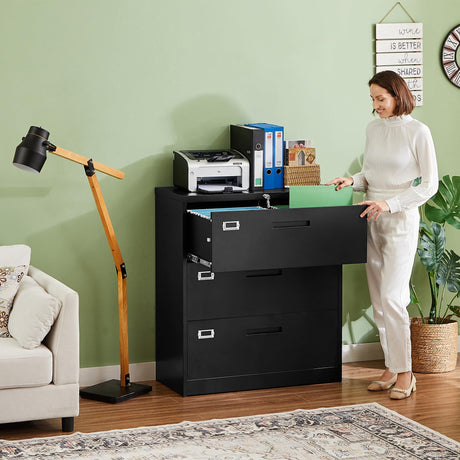 Letaya Lateral 3 Drawer File Cabinets with Lock, Metal Filing Storage Vertical Cabinets,Home Office Furniture for Organization Hanging Letter/Legal/F4/A4(Black) Letaya