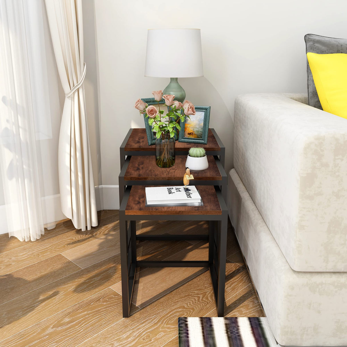 HAHRIR Nesting Table Set of 3 Side Tables, Modern Coffee Table Stacking End Table with Metal Frame，Brown HAHRIR