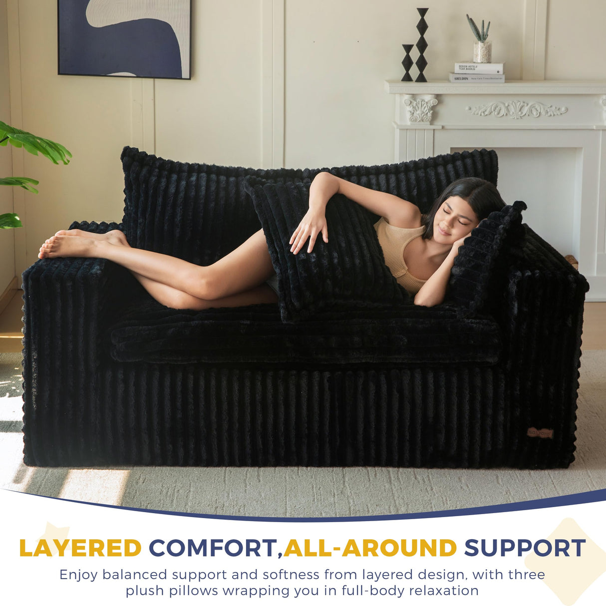 MAXYOYO Bean Bag Chair for Living Room, Upholstered Loveseat Sofa Couch with Deep Seating, Wide Armrests Boneless Couch Sofa in a Box for Bedroom Office Apartment, No Assembly, Black MAXYOYO