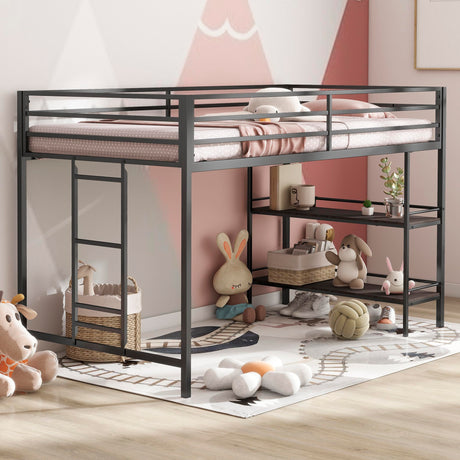 Twin Size Low Loft Bed with Storage Shelves for Kids,Kids Loft Bed Twin Size,Metal Loft Bed Frame for Boys Girls,Junior Low Loft Bed,Black Bellemave