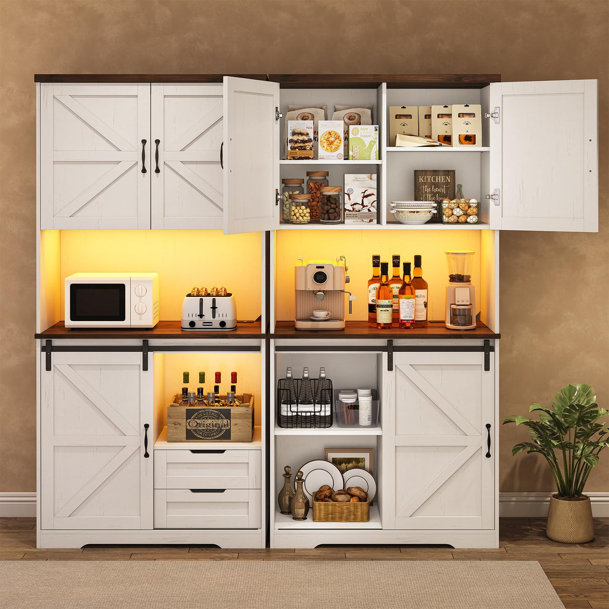 UPOSOJA Farmhouse Kitchen Pantry Storage Cabinet with Drawers & Shelves, Freestanding Hutch and Adjustable Shelves, Versatile Storage for Kitchen, Dining Room, Living Room (Old White) UPOSOJA