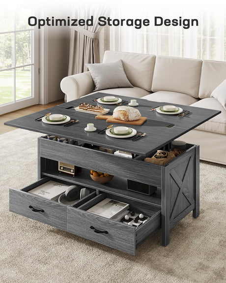 Marsail Lift-Top Coffee Table, 4-in-1 Multi-Functional Center Table with Hidden Compartment, 2 Drawers & Open Shelf, Adjustable Height for Living Room Office, Gray Marsail