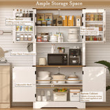 71" Kitchen Pantry Cabinet with Charging Station, Farmhouse Pantry Cabinet with Microwave Stand, Food Storage Cabinets with 6 Door Shelves & Adjustable Shelf, Kitchen Hutch for Dining Room, White Hiwelldas