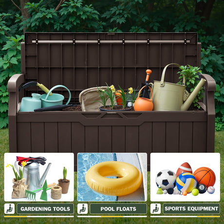 Flamaker 80 Gallon Storage Bench Outdoor Indoor, Durable All-Weather Seating with Hidden Storage, Lockable Deck Box for Garden, Patio, Poolside (Brown) Flamaker