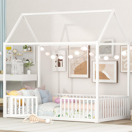 Twin Floor Bed with Door and Fence, Metal Montessori Bed Twin Size, Kids Montessori Floor Bed with Roof/House Floor Bed for Kids, Girls, Boys, Twin Floor Bed White Bellemave