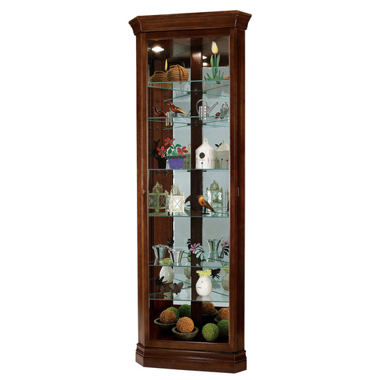 Howard Miller Drake Corner Curio Cabinet - Vertical Decor Showcase Wood Finish Adjustable Shelves & Levelers Lockable Door Illuminated Interior Lightning Perfect for Office and Home Decor