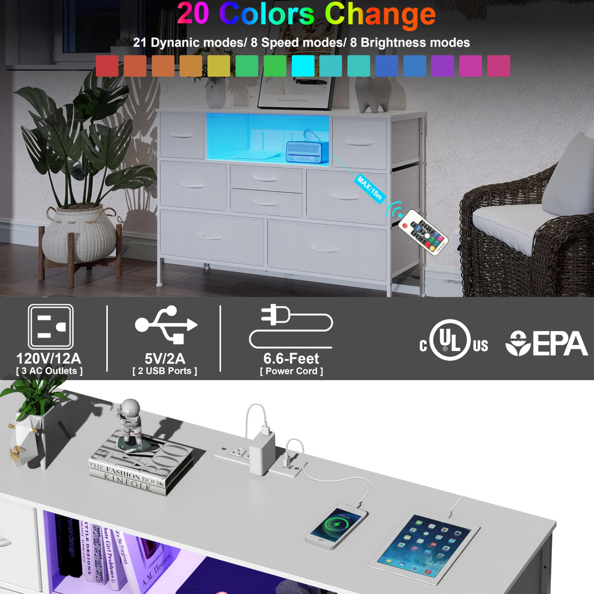 Simoretus Dresser with Charging Station and LED Light for Bedroom 8 Fabric Drawers with PU Finish Long Wide Dresser Chest of Drawers Open Shelf for Living Room TV Stand Closet Hallway (White) Simoretus