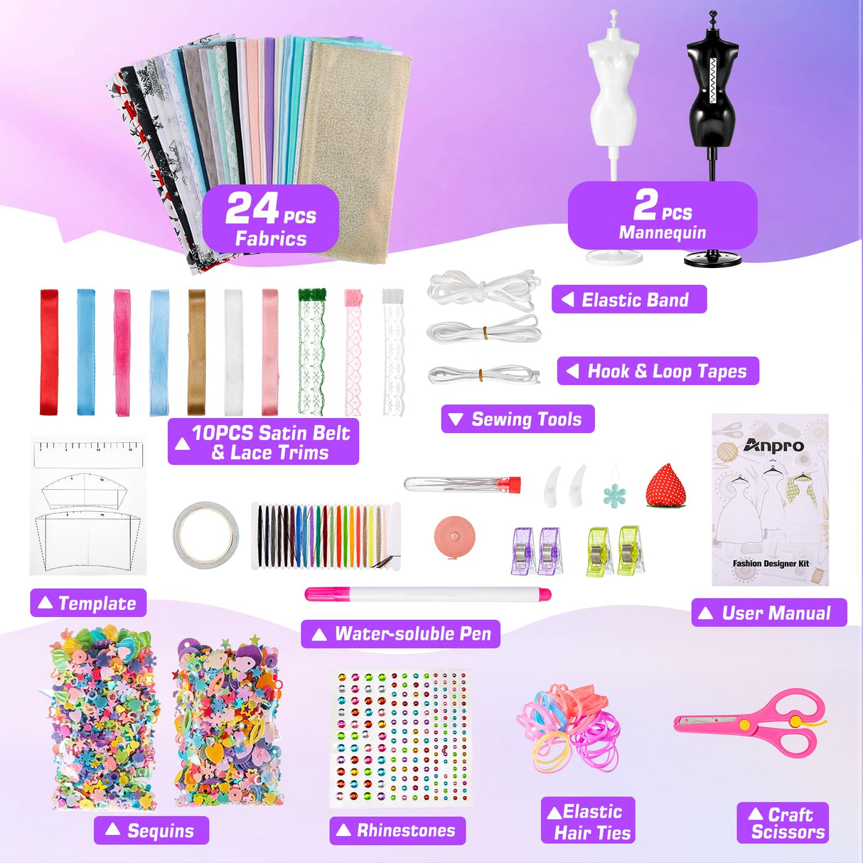 Anpro 650+Pcs Fashion Designer Kit for Girls with 2 Mannequins, DIY Arts & Crafts Kit for Girls Age 6-12 Toys, Doll Clothes Making Sewing Kit - Perfect Teen Birthday and Christmas Gifts Anpro