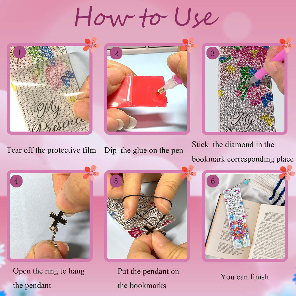 HTTDMY 8PCS Bible Verse Diamond Painting Art Bookmarks,Cute Acrylic Bookmarks Crafts Kits with Cross Pendants for Adult Women Book Lovers (Flower) HTTDMY