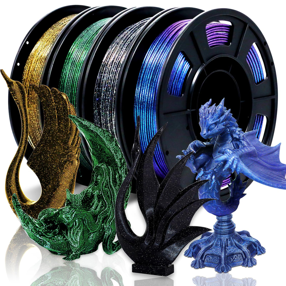 RepRapper PLA Filament, Multicolor Shiny 3D Printer Filament, Sparkle Galaxy Silk PLA1.75MM for 3D Printer, Glow in The Dark Glitter Laser Series 3D Printing Filament, 250g*4 Pack RepRapper