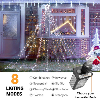 Toodour Christmas Decorations Outdoor Star Lights, 317 LED 10ft X 9 Waterfall Tree Lights with 12" Topper Star, 8 Lighting Modes Outside Christmas Lights for Yard Garden Holiday Decor (White)