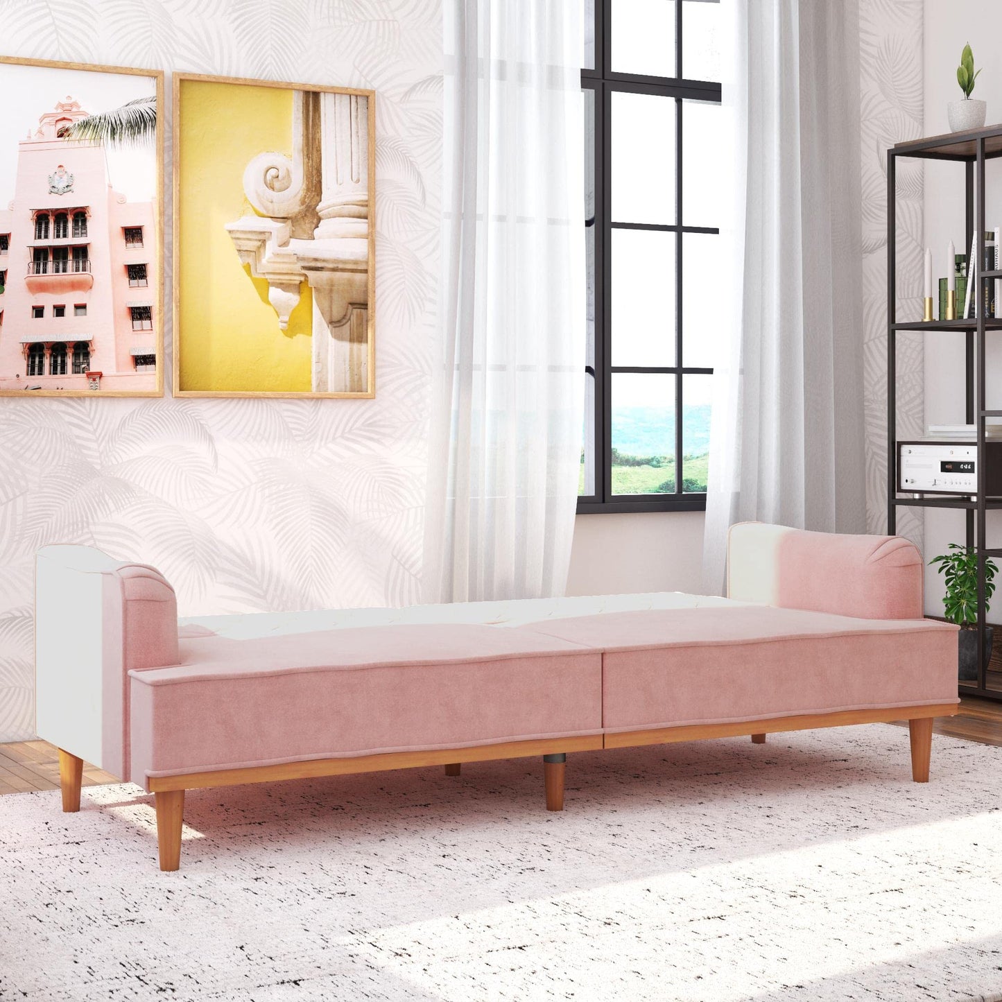 Mr. Kate Stella 80 Inch Futon Sofa Bed in Velvet Fabric, Modern Upholstered Couch Sleeper with Button Tufted Back and Wood Trim, Pink - WoodArtSupply