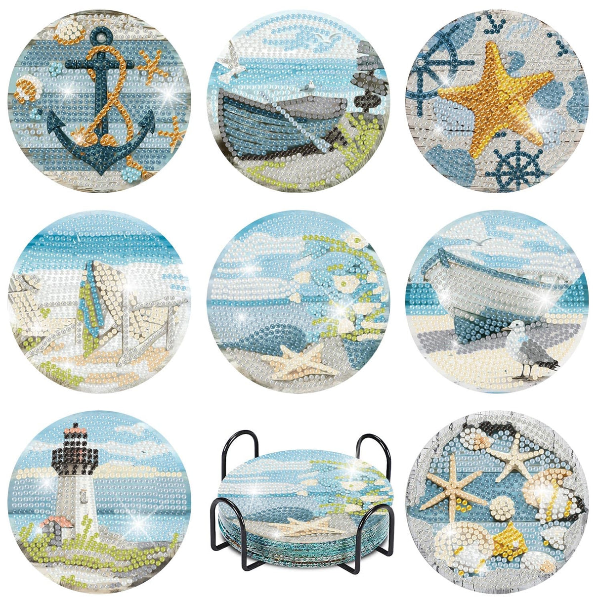 Summer Beach Diamond Art Coaster Kit with Holder,8pcs Diamond Painting Coaster,Gem Art Coasters Kit for Home Wall Decor Amshem