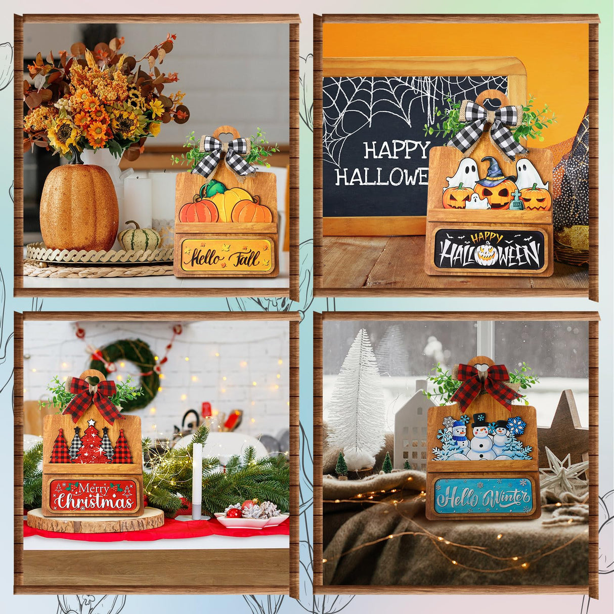 GlikCeil 37 Pcs Interchangeable Seasonal Decor Farmhouse Breadboard Interchangeable Seasonal Tier Tray Decor Holiday Halloween Thanksgiving Christmas Wooden Decoration with Bow for Table Kitchen GlikCeil