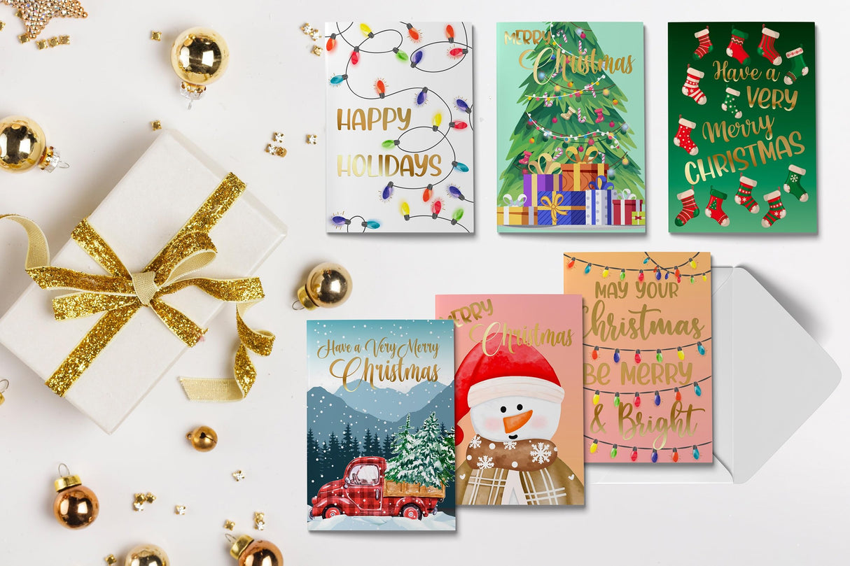 Better Office Products 50 Pack Christmas Cards Set with Gold Foil Accents, 4" x 6", Fun & Festive Designs, Blank Inside, Boxed Set Better Office Products